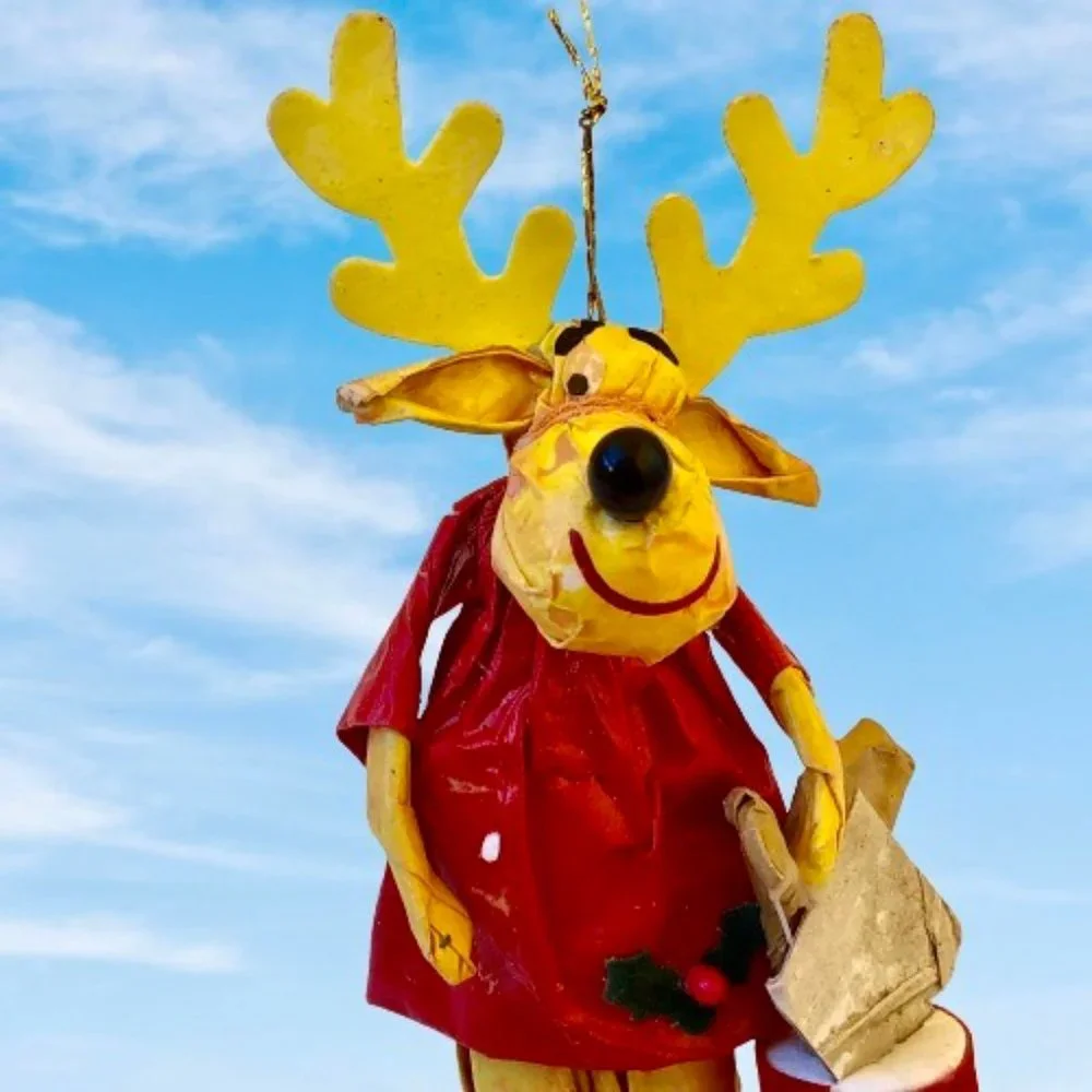 Vintage Christmas Ornament Paper Mache Moose in Dress Shopping Bag 5